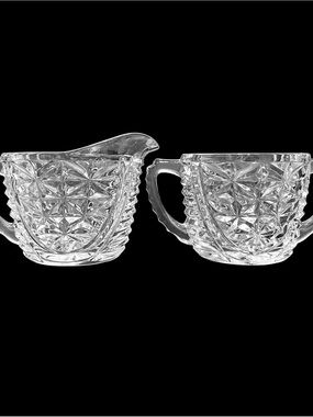 Antique 1920s anchor hocking Stars And Bars Clear Glass Open Sugar And Creamer